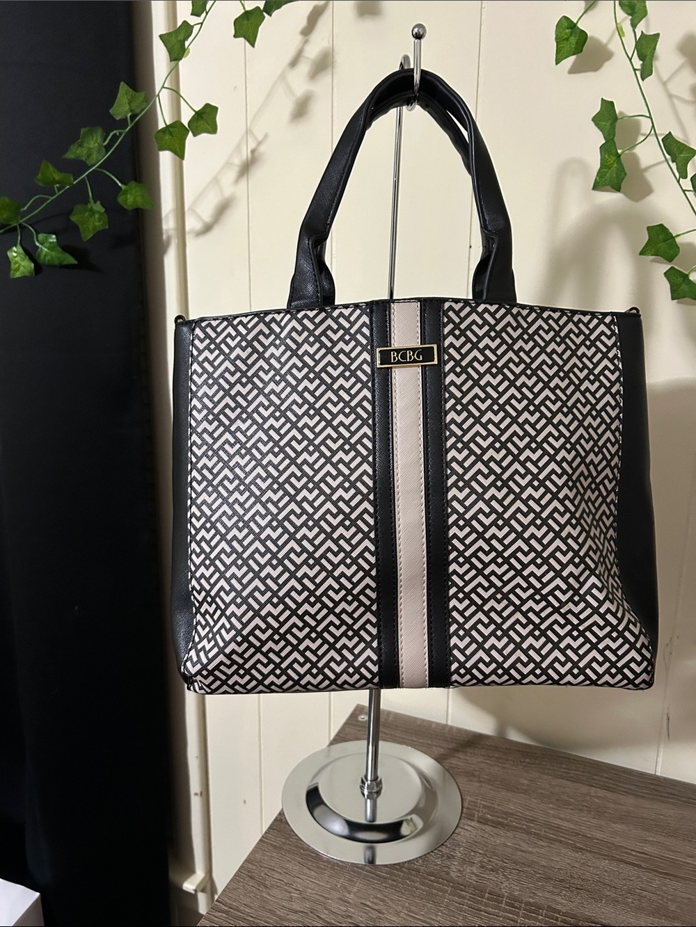 BCBG Black & Cream Logo Stripe Tote